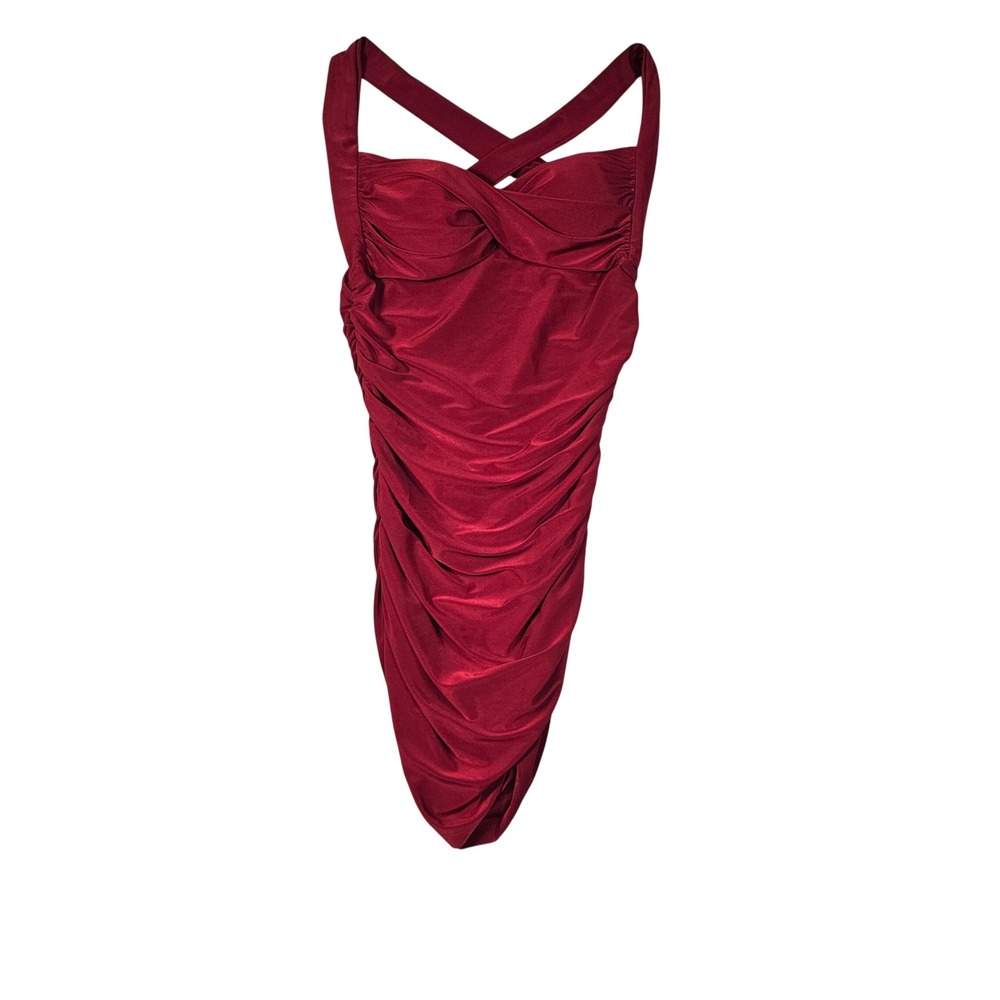 Jane USA Red Ruched Halter Mini Dress Crossover Neck Sweetheart Style 1099 Small